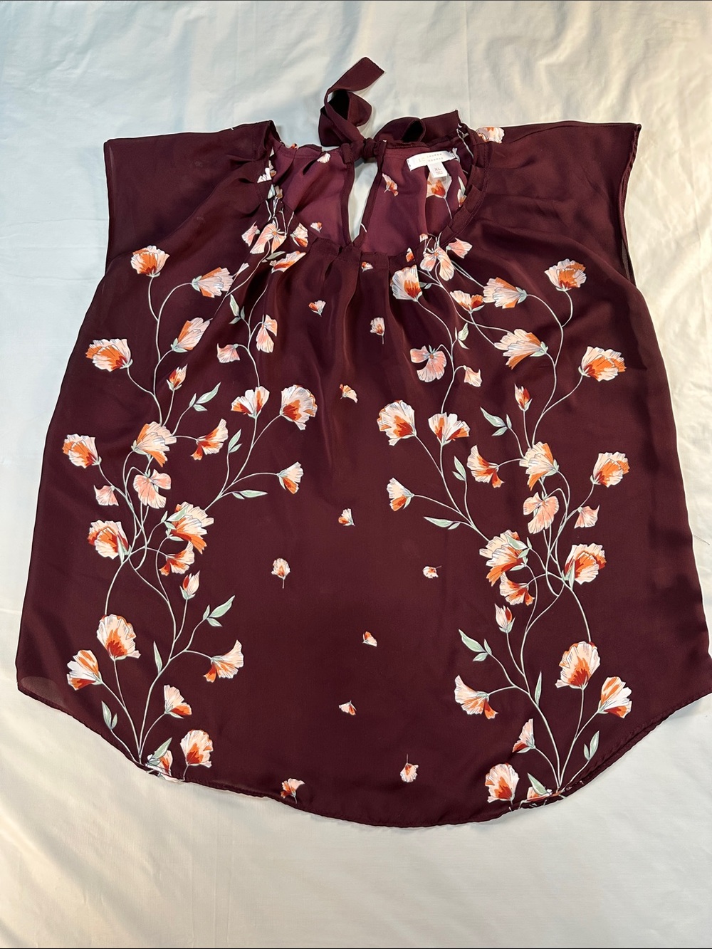 LC Lauren Conrad Burgundy Floral Tie-Neck Blouse